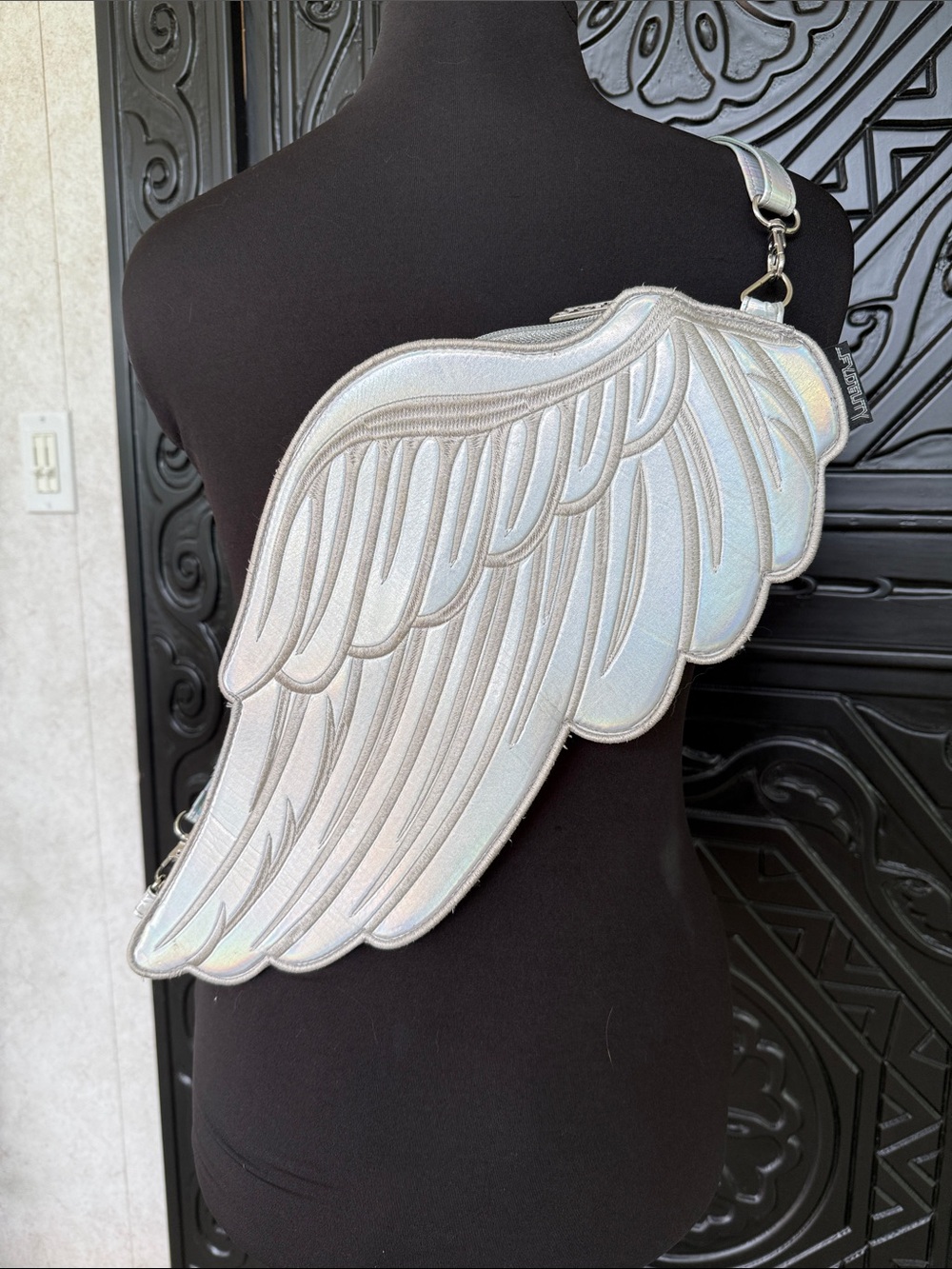 Fydelity Silver Holographic Iridescent Wing Sling Back Backpack
